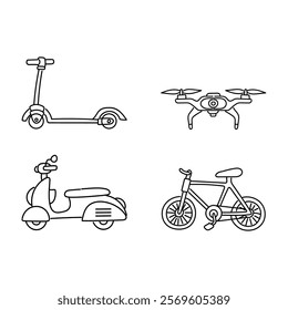 Bold Line and White Line Doodle of Various Means of Transport