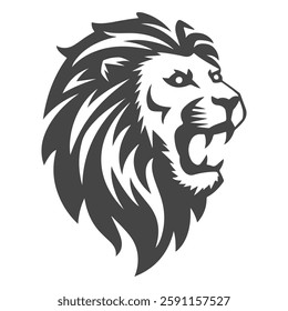 A bold lion head silhouette, exuding strength and leadership against a crisp white background.