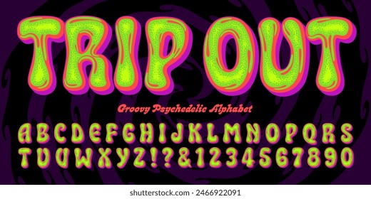 A bold, liquid flowing psychedelic alphabet in bright vivid colors, perfect for retro 1960s blacklight posters.