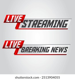 Bold LIVE Streaming and BREAKING NEWS banners in red, white, gray, chrome colors with a modern, for news, media, and broadcasting graphics