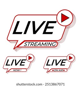 Bold "LIVE" streaming icons with red play buttons, speech bubble design, and text variations for live broadcasting, streaming, and on-air announcements in a modern graphic style.