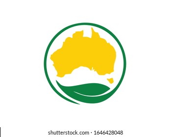 A bold logo for australia, An australia map and circle leaf logo in green leaf and gold yellow map color combo