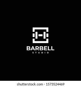 Bold logo design of barbell on black background colours - EPS10 - Vector.
