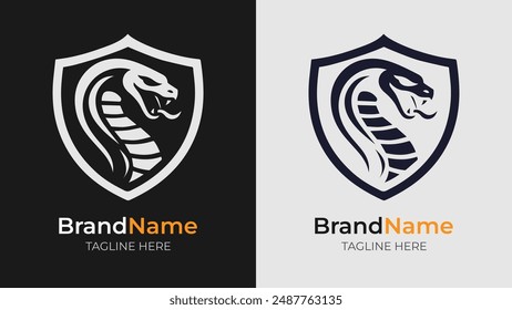 Bold logo with an enraged cobra in monochrome, framed by a shield. Perfect for logos needing a fierce, protective theme