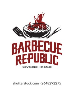 Bold “Barbecue Republic” logo featuring grill, flames, and smoke accents. Perfect for BBQ restaurants, grill masters, smokehouse branding, catering, and patriotic outdoor cookout themes.