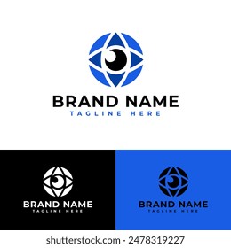 bold logo shapes such as eyes and globes, have cardinal directions, logos for eye clinics and pharmacies, the shape of the logo is the eye of a globe with the cardinal directions symbol icon flat logo