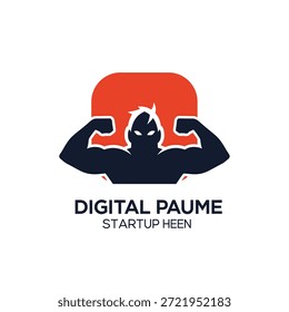 Logotipo audaz de un hombre fuerte que flexiona los músculos, con texto para la puesta en marcha digital paume heen. Representa fuerza y poder.