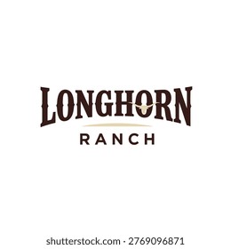 Bold Longhorn Ranch logo featuring western-style typography and a steer horn icon in brown and cream tones. Ideal for ranch branding, signage, packaging, and rustic western design projects.