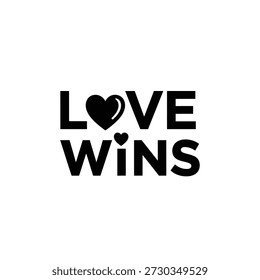 El texto en negrita 'Love Wins' presenta símbolos del corazón, presentados como un Diseño gráfico limpio y moderno ideal para conceptos de unidad y orgullo.