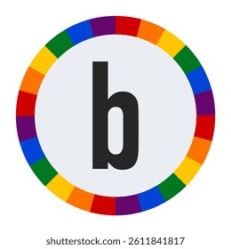 Bold Lowercase Letter b in Center of Colorful Circular Rainbow Border on Light Gray Background.