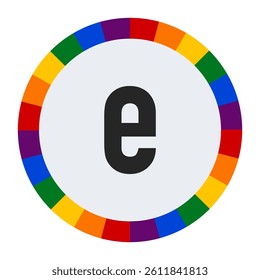 Bold Lowercase Letter e in Center of Colorful Circular Rainbow Border on Light Gray Background.