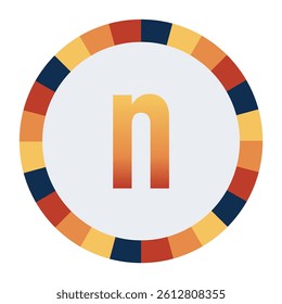 Bold lowercase Letter n in Orange Gradient on a Light Gray Background, Surrounded by a Multicolored Circular Frame
