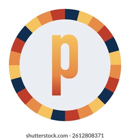 Bold lowercase Letter p in Orange Gradient on a Light Gray Background, Surrounded by a Multicolored Circular Frame