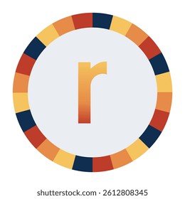 Bold lowercase Letter r in Orange Gradient on a Light Gray Background, Surrounded by a Multicolored Circular Frame