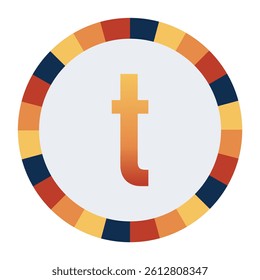 Bold lowercase Letter t in Orange Gradient on a Light Gray Background, Surrounded by a Multicolored Circular Frame