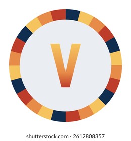 Bold lowercase Letter v in Orange Gradient on a Light Gray Background, Surrounded by a Multicolored Circular Frame