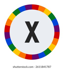 Bold Lowercase Letter x in Center of Colorful Circular Rainbow Border on Light Gray Background.