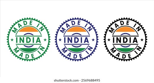 Bold Made in India badge with national flag colors in a circular design. Perfect for branding, packaging, and promoting authentic Indian-made products.