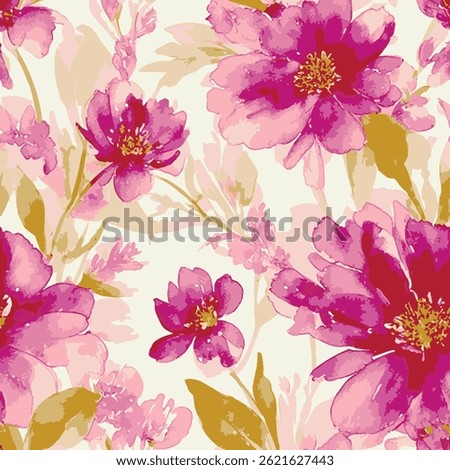 The bold magenta and pink flowers with their golden centers create such a lively contrast against the soft off-white background. The interplay of smaller blossoms and leaves adds depth