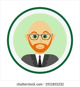 Bold man face with red beard and mustache and wearing glasses. Male face. Man avatar on green background. Handsome man portrait. Isolated flat vector illustration.