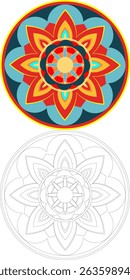 Bold mandala with a layered red, yellow, and blue floral design. Suitable for crafts, decor, or festival themes