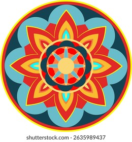 Bold mandala with a layered red, yellow, and blue floral design. Suitable for crafts, decor, or festival themes