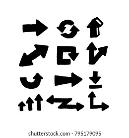 Bold marker drawn arrows. Set of hand drawn icons. Isolated. Black on white background.