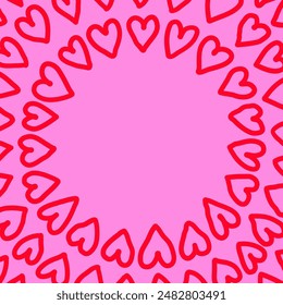 Bold marker hearts doodle round pattern. Line hand drawn doodle background.