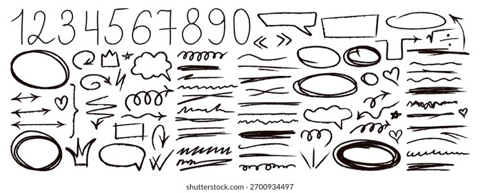 Bold marker set with check marks speech arrows and parenthesis emphasis. Designing educational materials and presentations for visual emphasis