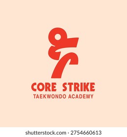 A bold martial arts logo featuring a dynamic red silhouette of a fighter in motion, symbolizing strength, discipline, and energy. The design highlights the text “Core Strike Taekwondo Academy” in uppercase red lettering, making it ideal for branding martial arts schools, training centers, or sports organizations. Clean lines and a modern aesthetic convey professionalism and action, perfect for commercial use in promotional materials, signage, and digital platforms.