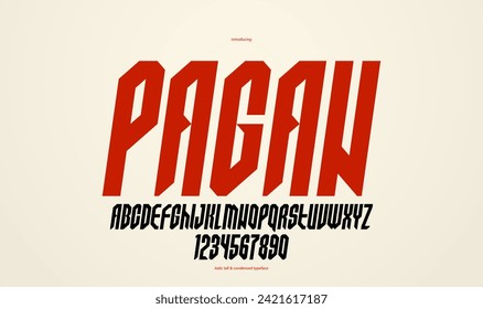 Bold and massive condensed heavy geometric font for logo creation, modern tall geometrical vector display typeface, only corners and straight lines geometry, italic version.