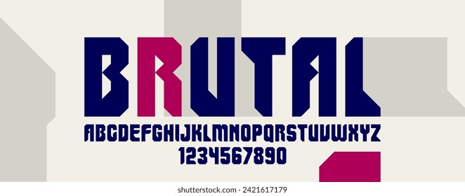 Bold and massive heavy geometric font for logo creation, modern geometrical vector display typeface, typography with no round elements, only corners and straight lines geometry.