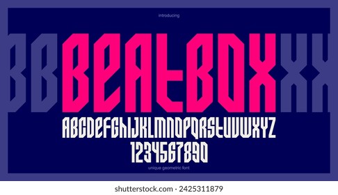 Bold and massive heavy geometric font for logo creation, modern geometrical vector display typeface, typography with no round elements, only corners and straight lines geometry.
