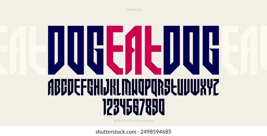 Bold and massive heavy geometric font for logo creation, modern geometrical vector display typeface, typography with no round elements, only corners and straight lines geometry.