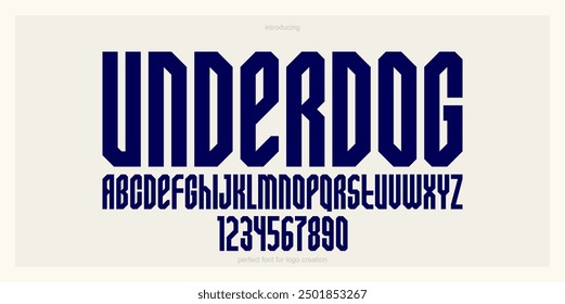 Bold and massive heavy geometric font for logo creation, modern geometrical vector display typeface, typography with no round elements, only corners and straight lines geometry.