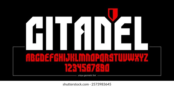 Bold and massive heavy geometric font for logo creation, modern geometrical vector display typeface, typography with no round elements, only corners and straight lines geometry.