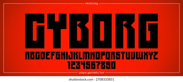 Bold and massive heavy geometric font for logo creation, modern geometrical vector display typeface, typography with no round elements, only corners and straight lines geometry.