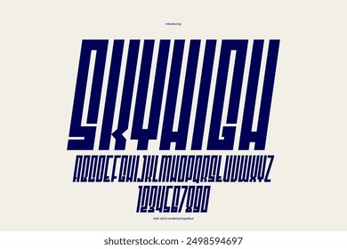 Fuente geométrica gruesa cursiva audaz y masiva para la creación de logotipos, tipografía de pantalla de Vector geométrica moderna, tipografía con solo esquinas y geometría de líneas rectas, versión alta y condensada.