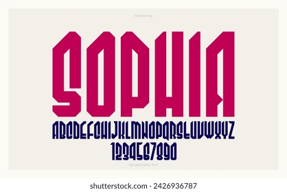 Bold and massive tall heavy geometric font for logo creation, condensed modern geometrical vector display typeface, typography with no round elements, only corners and straight lines geometry.
