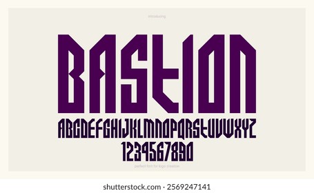 Bold and massive tall and heavy geometric font for logo creation, modern geometrical vector display typeface, condensed typography with no round elements, only corners and straight lines geometry.