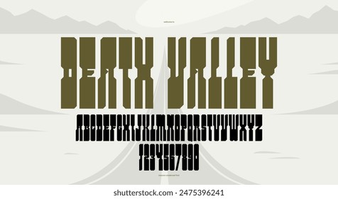 Bold massive vector geometric font for logo creation, wild west American style typeface for posters and headlines, western typography like saloon or western typing.