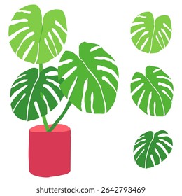 Bold Matisse-style monstera leaf in vibrant green tones with red pot. Decorative vector foliage design for summer, botanical, or tropical projects. Great for posters, packaging, and lifestyle branding