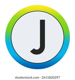 Bold Matte Black Capital Letter J on a Pristine White Circle Encased by a Dynamic Gradient Border of Golden Yellow, Vivid Emerald Green, and Deep Sapphire Blue