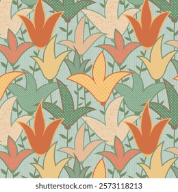 Bold maximalist floral pattern of stylized tulips with dotted and stripy texture on light turquoise linen background. Abstract botanical background in boho folk style for paper and decoration.