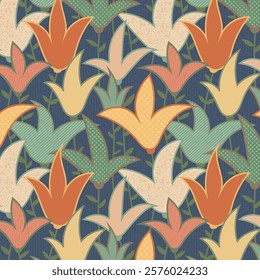 Bold maximalist floral pattern of stylized tulips with dotted and stripy texture on dark blue linen background. Abstract botanical background in boho folk style for paper and decoration.