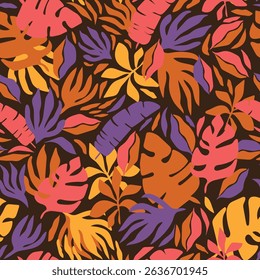 Bold maximalist tropical vector background. Modern botanical abstract seamless pattern. Groovy allover print with tropical leaves, branches and flowers