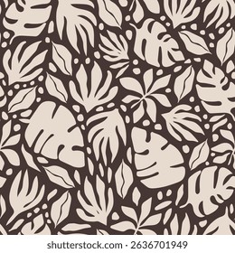 Bold maximalist tropical vector background. Modern botanical abstract seamless pattern. Groovy allover print with tropical leaves, branches and flowers