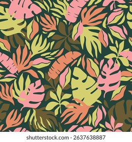 Bold maximalist tropical vector background. Modern botanical abstract seamless pattern. Groovy allover print with tropical leaves, branches and flowers