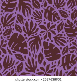 Bold maximalist tropical vector background. Modern botanical abstract seamless pattern. Groovy allover print with tropical leaves, branches and flowers