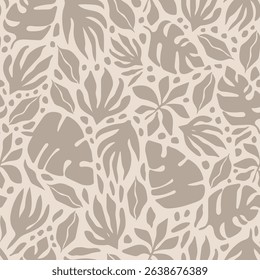 Bold maximalist tropical vector background. Modern botanical abstract seamless pattern. Groovy allover print with tropical leaves, branches and flowers